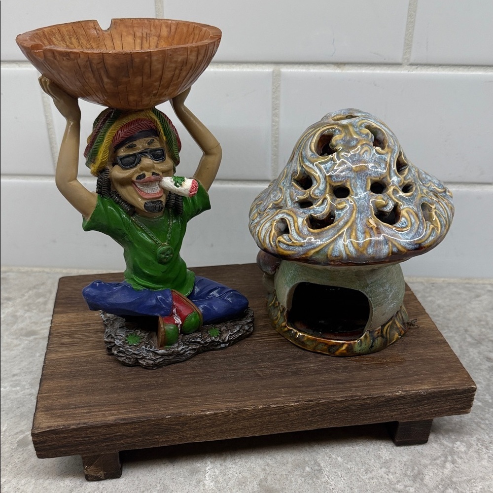 Vintage Ashtray and Mushroom Incense Holder on Wood tray platform. 9x6x7.5 in